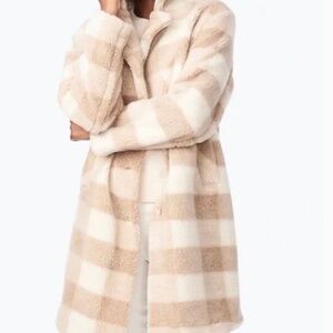 Bernardo Sherpa Neutral Buffalo Check Plaid Warm Teddy Coat SZ S